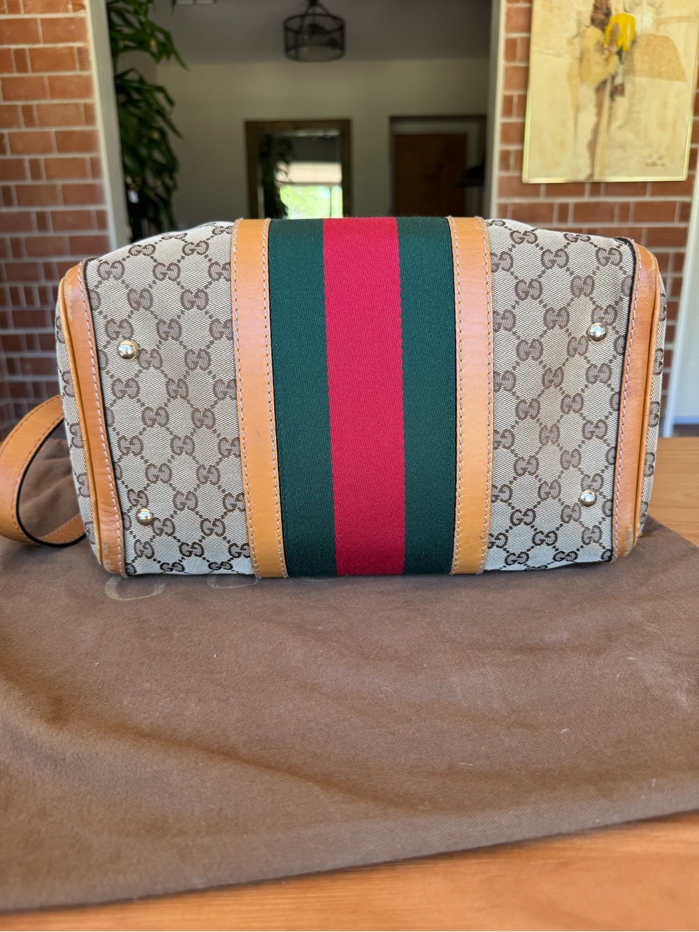 Vintage Gucci Tan GG Supreme Satchel with Red & Green Stripe - Picture 3 of 14